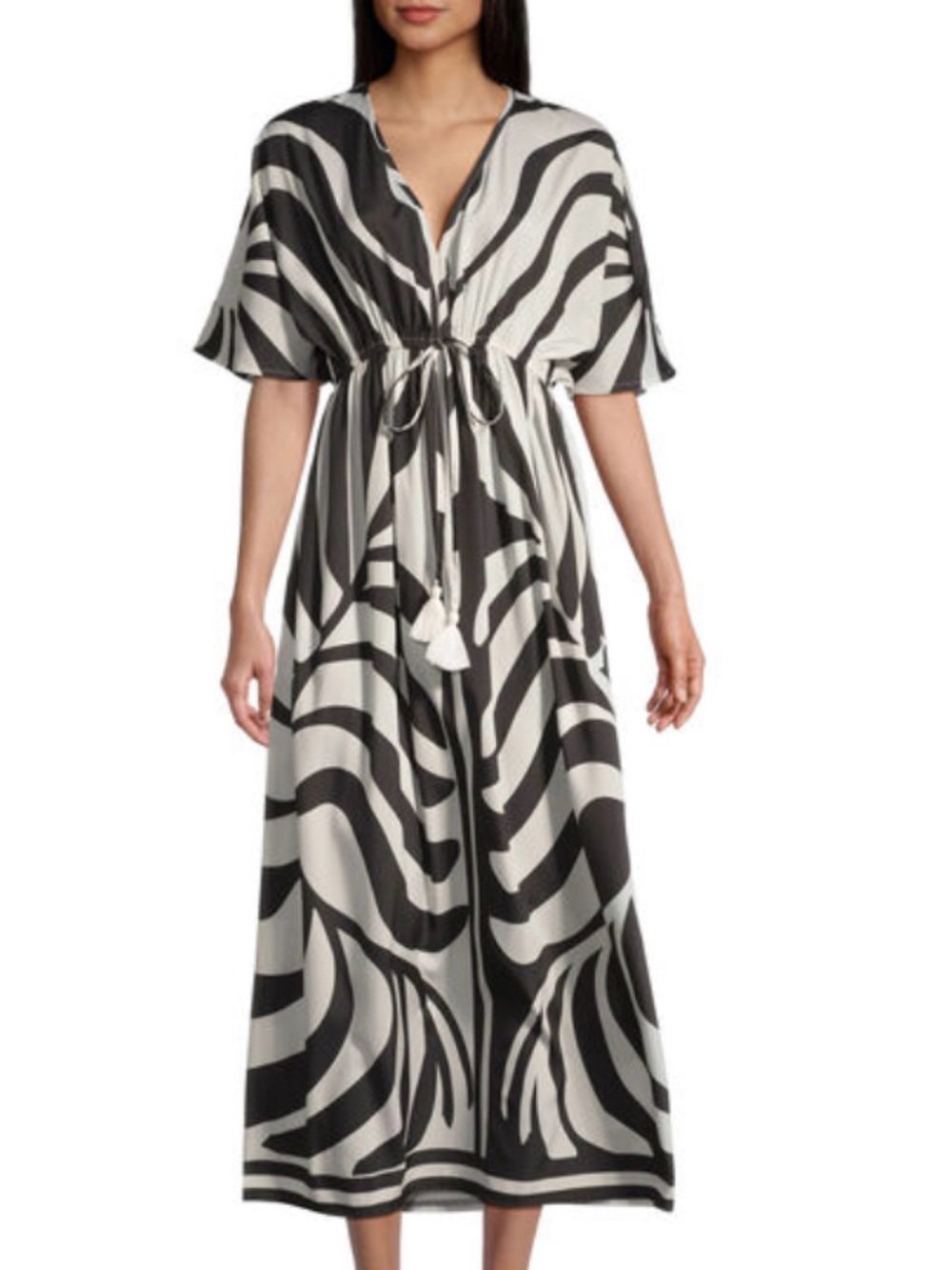 Cost Plus World Market Black & White Abstract Tie-Waist Maxi Dress